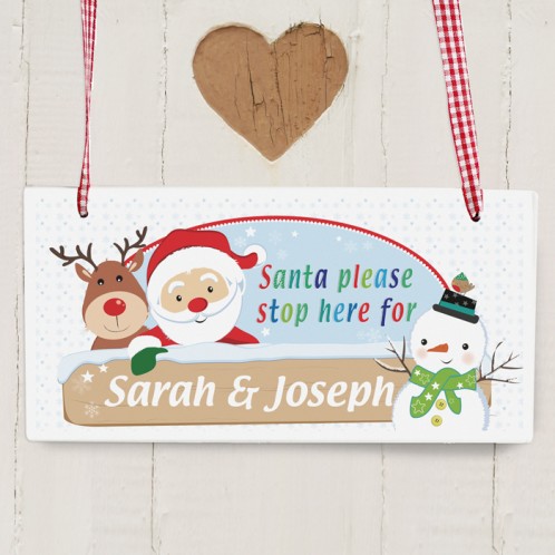Rooftop Santa- Stop Here Wooden Christmas Sign