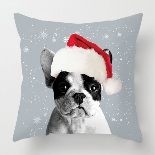 French bulldog cushion with a christmas santa hat on