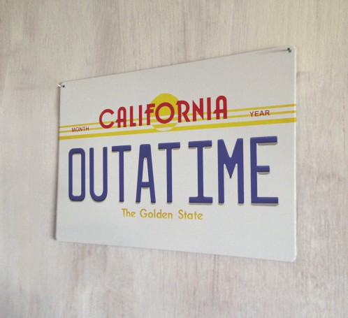OUTATIME number plate metal sign