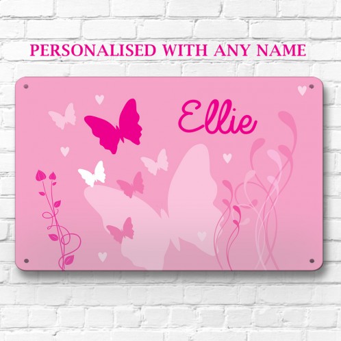 Personalised pink butterfly metal door wall sign