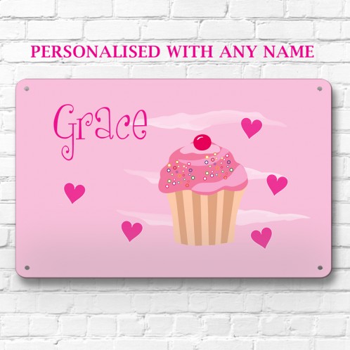 Personalised pink cupcake metal door wall sign