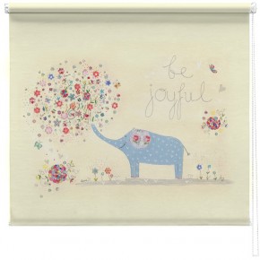 Be Joyful elephant printed blind, a beautiful print of an illustration by the artist Kim Anderson